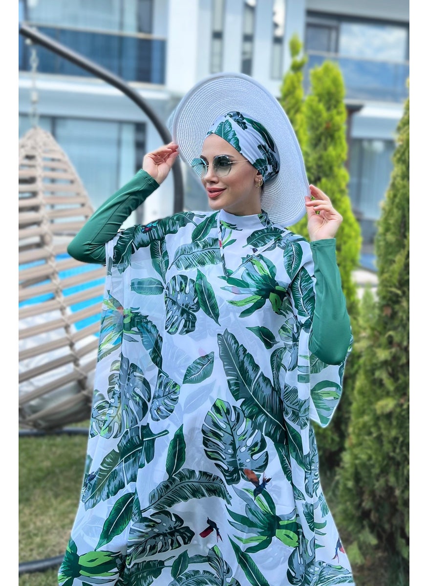 Remsa Mayo Hijab Swimsuit Patterned Single Kaftan Pareo Green Leaves  - Image 2