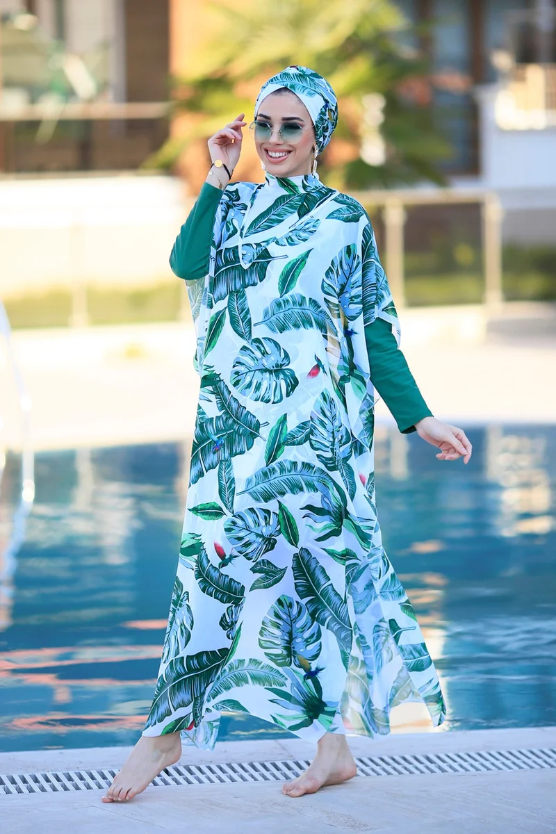 Remsa Mayo Hijab Swimsuit Patterned Single Kaftan Pareo Green Leaves