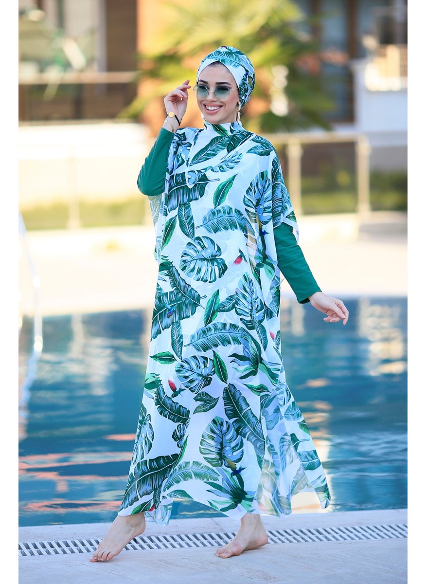 Remsa Mayo Hijab Swimsuit Patterned Single Kaftan Pareo Green Leaves  - Image 3