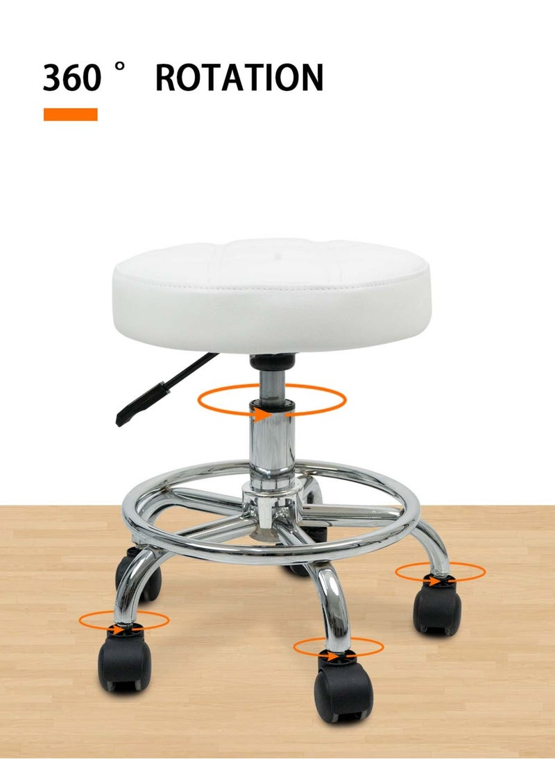 Meishida Pully Stool Bar Chair Round Rolling Stool Chair with Faux Leather Height Adjustable for Salon, Office, Home and Lab (White)  - Image 2