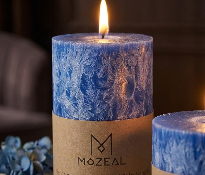 MOZEAL Hand-Poured, Unscented Blue Crystal Pillar Decorative Candles, Elegant Set of 3 in Different Sizes (3"x4", 3"x5", 3"x6"), Luxurious DÃ©cor for Homes & Events - Image 4