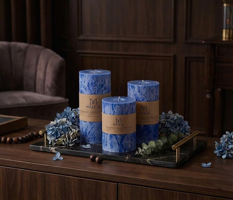 MOZEAL Hand-Poured, Unscented Blue Crystal Pillar Decorative Candles, Elegant Set of 3 in Different Sizes (3"x4", 3"x5", 3"x6"), Luxurious DÃ©cor for Homes & Events - Image 3