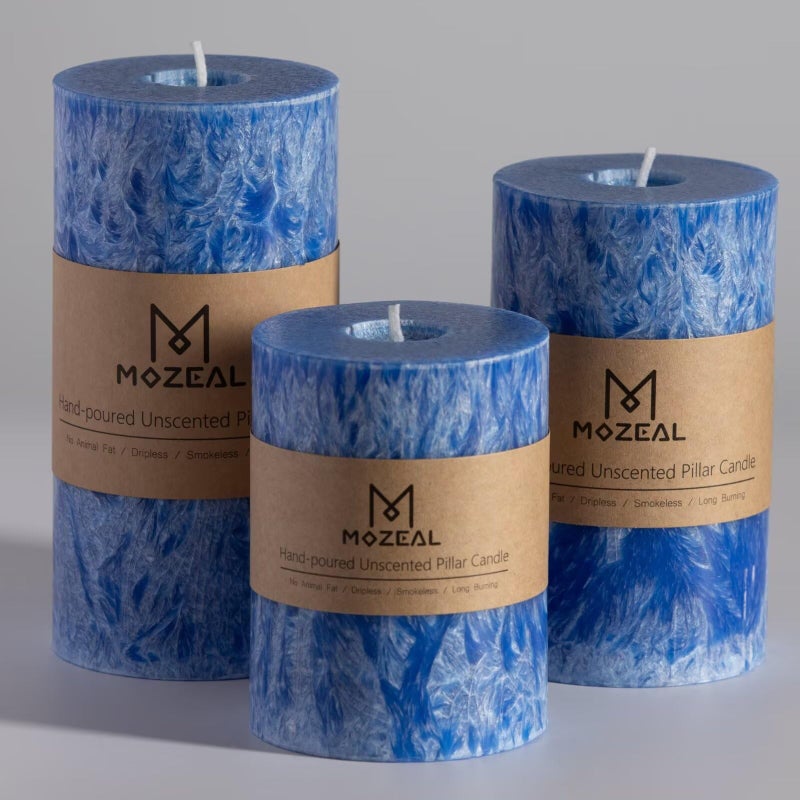 MOZEAL Hand-Poured, Unscented Blue Crystal Pillar Decorative Candles, Elegant Set of 3 in Different Sizes (3"x4", 3"x5", 3"x6"), Luxurious DÃ©cor for Homes & Events - Image 1