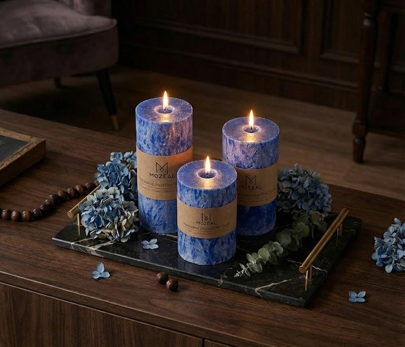 MOZEAL Hand-Poured, Unscented Blue Crystal Pillar Decorative Candles, Elegant Set of 3 in Different Sizes (3"x4", 3"x5", 3"x6"), Luxurious DÃ©cor for Homes & Events - Image 5