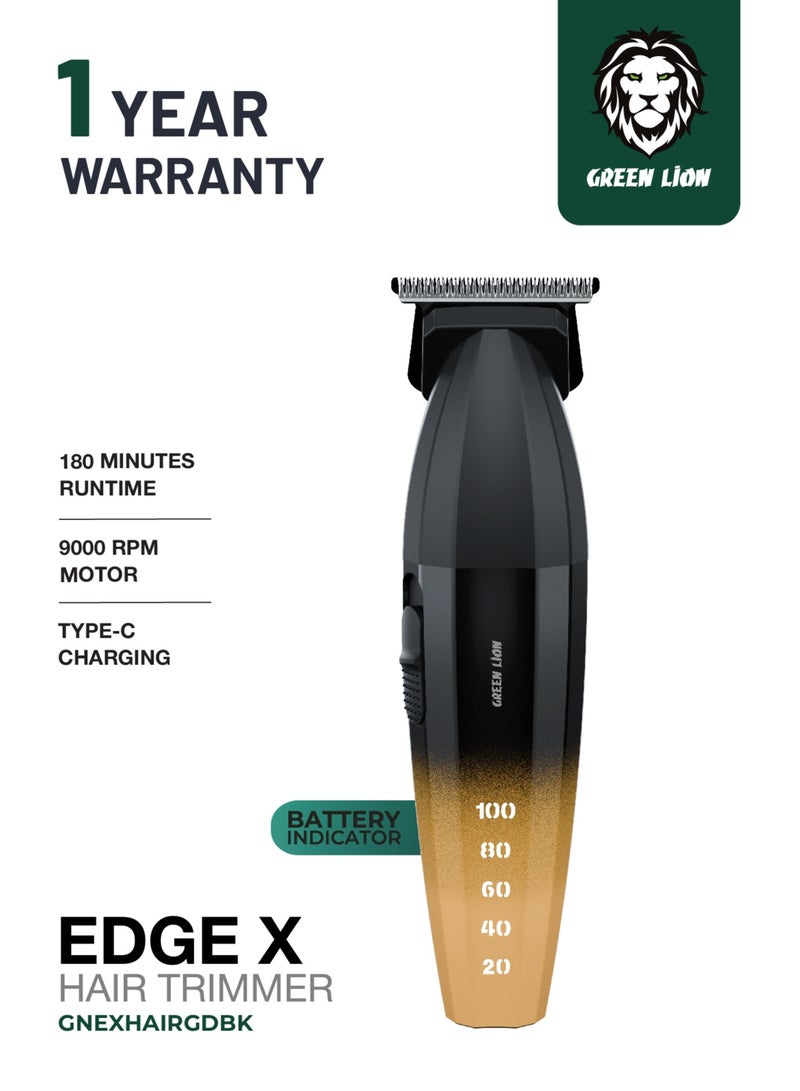 GREEN LION Edge X Hair Trimmer with 9000 RPM Motor & Powder Metallurgy & Ceramic Blade / 3 Size Guide Combs / 180 Minutes Runtime / 2000mAh Large Battery / Ergonomic Design / Battery Indicator / Type-C Charging / DC Brushed Motor - Gold Black - Image 1