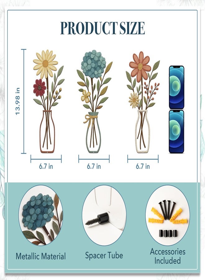 CarryWise 3 Piece Metal Flower Wall Art for Bedroom Living Room Rustic Farmhouse Floral Wall Decor for Bathroom Dining Room Boho Home Decorations Modern Minimalism Walls Hanging Sculptures(Yellow Blue) - Image 3