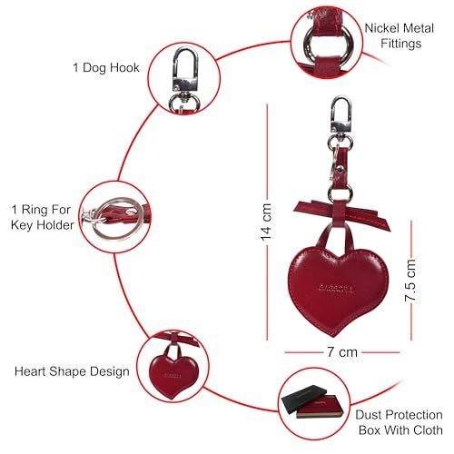 Sassora Genuine Leather Heart Shape Small Key Ring For Women (Cherry), Red - Image 3