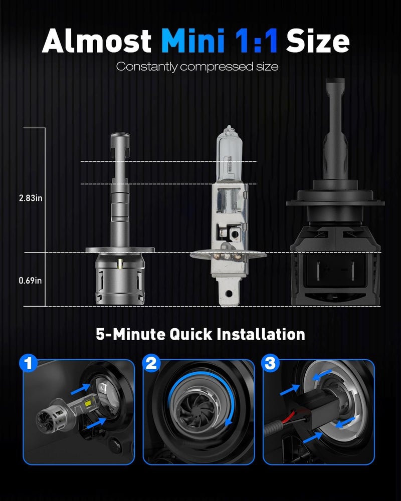 NOVSIGHT H1 LED Headlight Bulb - 27000LM Mini Size H1 Headlight Bulb, 600% 6500K Cool White Super Bright Conversion Kit, Plug and Play,IP68 Waterproof,Pack of 2 - Image 2