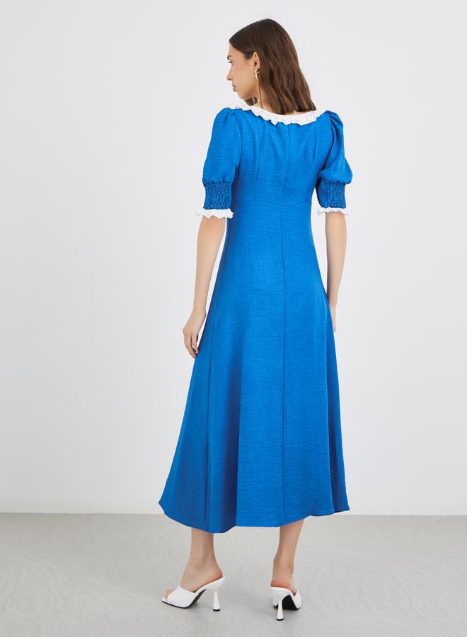 Take Two Textured Smocked A-Line Midi Dress with Lace Trim - Image 5