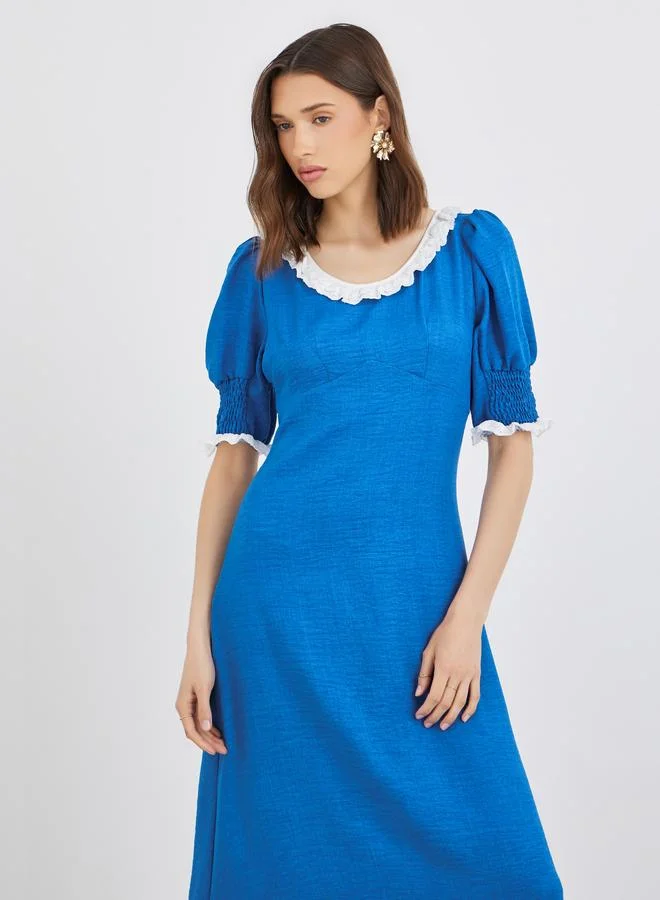 Take Two Take Two Textured Smocked A-Line Midi Dress with Lace Trim