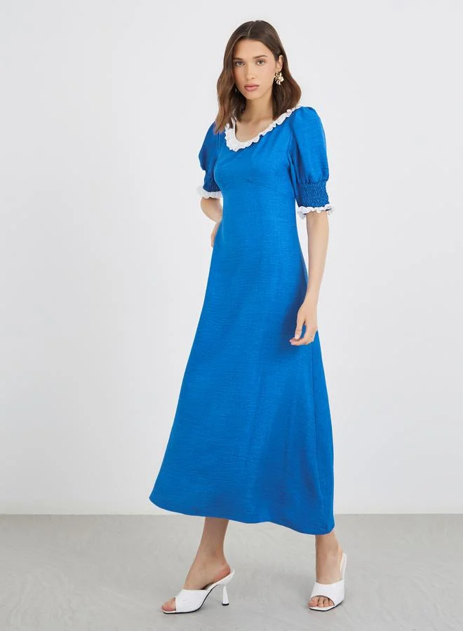 Take Two Take Two Textured Smocked A-Line Midi Dress with Lace Trim