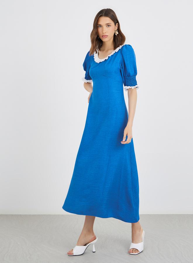 Take Two Textured Smocked A-Line Midi Dress with Lace Trim - Image 2