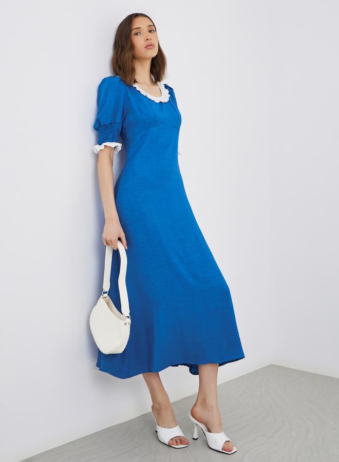 Take Two Textured Smocked A-Line Midi Dress with Lace Trim - Image 1