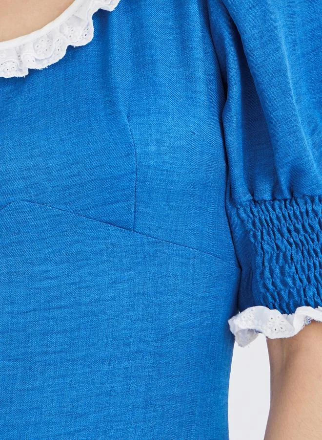 Take Two Take Two Textured Smocked A-Line Midi Dress with Lace Trim