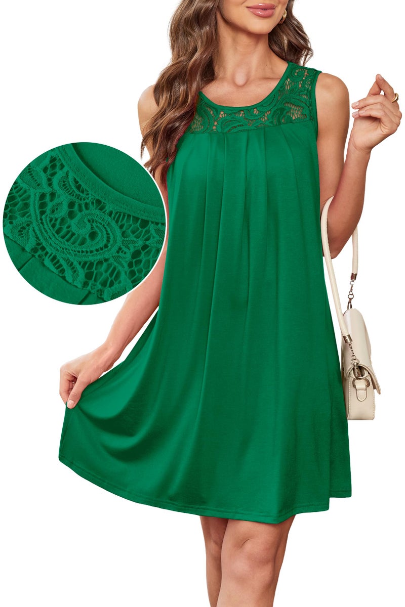 BKRIVE Summer Dresses for Women Sleeveless Pleated Sundress Lace Scoop Neck Beach Shift Dress Green L - Image 3
