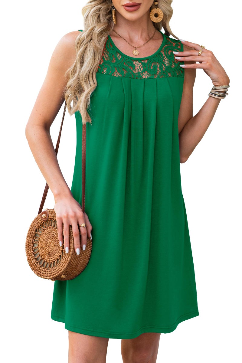 BKRIVE Summer Dresses for Women Sleeveless Pleated Sundress Lace Scoop Neck Beach Shift Dress Green L - Image 4