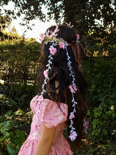 MOSTORY Pink Fairy Antler Headpiece - Elf Flower Crown Woodland Floral Circlet Forest Deer Horns Headband for Women Renaissance Cosplay Renfaire Fantasy Halloween Accessory - Image 3