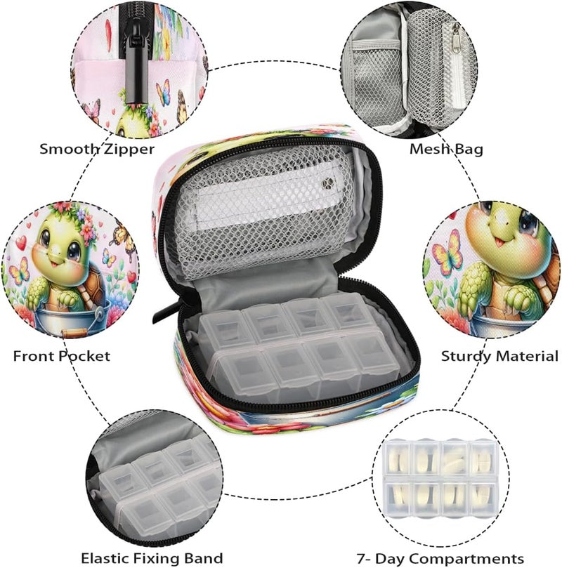 Animal Turtle Art Pill Case Travel Pill Organizer Weekly 7 Day Portable with Zipper Medicine Box Pill Case for Vitamins, Birth Control,Fish Oils,Medication, Supplements - Image 3