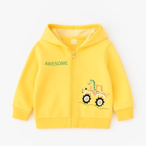 Bold N Elegant Kids Winter Warm Fleece Awesome Dinosaur Print Front Open Zipper Hoodie Sweatshirt for Infant Toddler Baby Boys & Girls (1-2 Years, Yellow) - Image 2