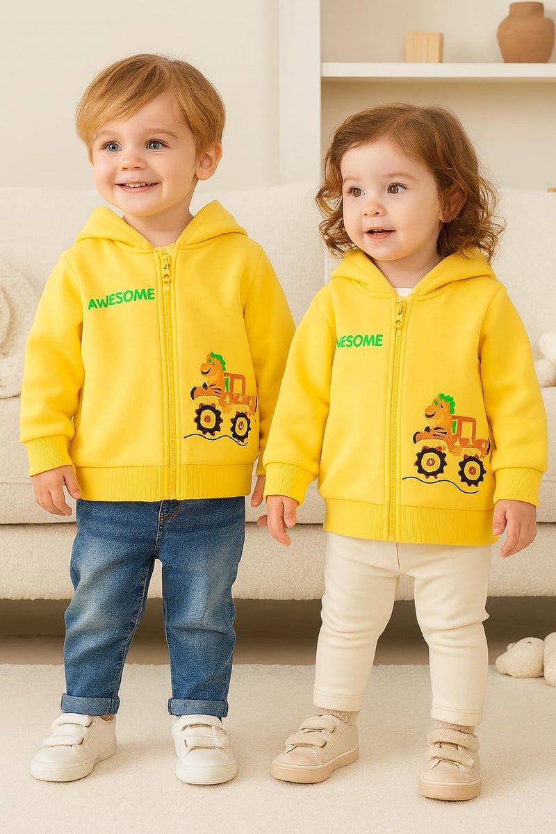 Bold N Elegant Kids Winter Warm Fleece Awesome Dinosaur Print Front Open Zipper Hoodie Sweatshirt for Infant Toddler Baby Boys & Girls (1-2 Years, Yellow) - Image 3