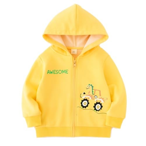 Bold N Elegant Kids Winter Warm Fleece Awesome Dinosaur Print Front Open Zipper Hoodie Sweatshirt for Infant Toddler Baby Boys & Girls (1-2 Years, Yellow) - Image 1