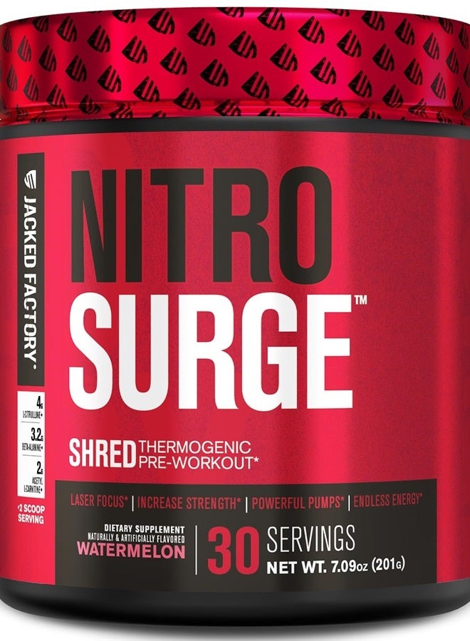 Jacked Factory NITROSURGE Shred Pre Workout Supplement - Energy Booster, Instant Strength Gains, Sharp Focus, Powerful Pumps - Nitric Oxide Booster & PreWorkout Powder - 30Sv, Watermelon - Image 1
