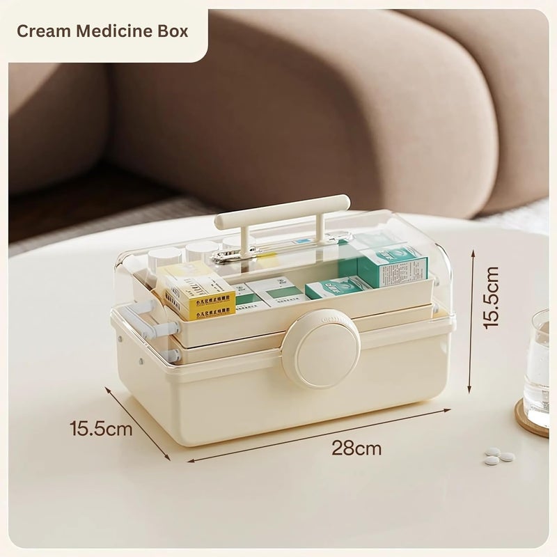 HOOPVOOL Clear Plastic Medicine Storage Box Organizer, Family Emergency Kit Portable Lockable Container for, Art Craft and Cosmetic Household Organizer (Cream, First Aid Box) - Image 2