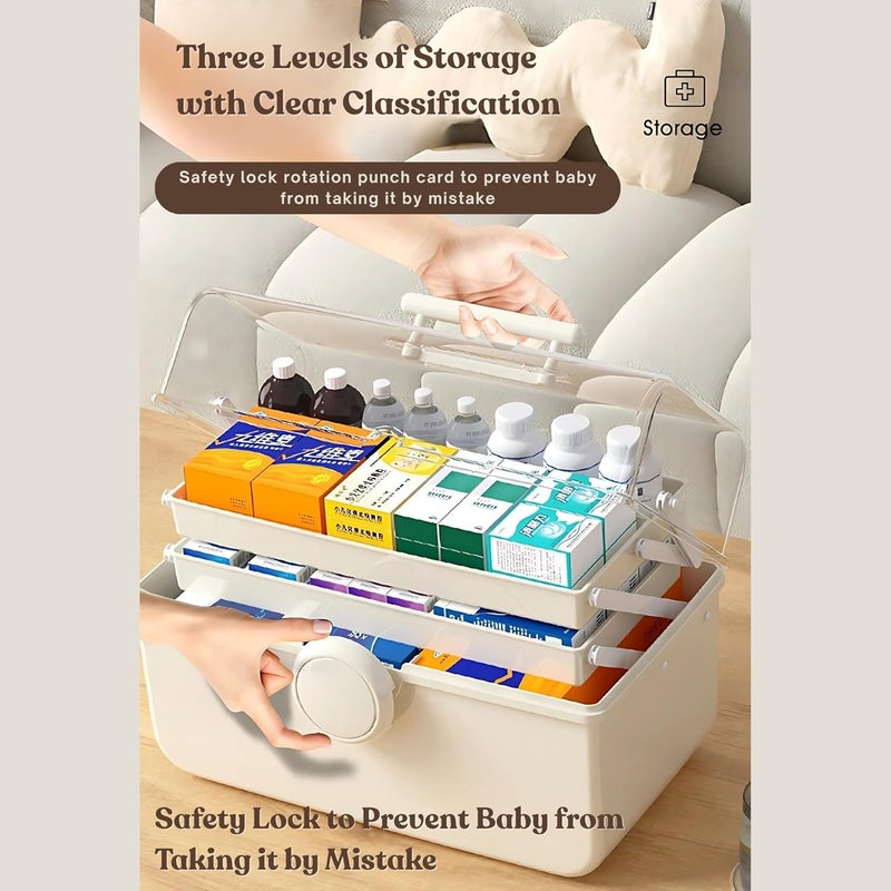 HOOPVOOL Clear Plastic Medicine Storage Box Organizer, Family Emergency Kit Portable Lockable Container for, Art Craft and Cosmetic Household Organizer (Cream, First Aid Box) - Image 3