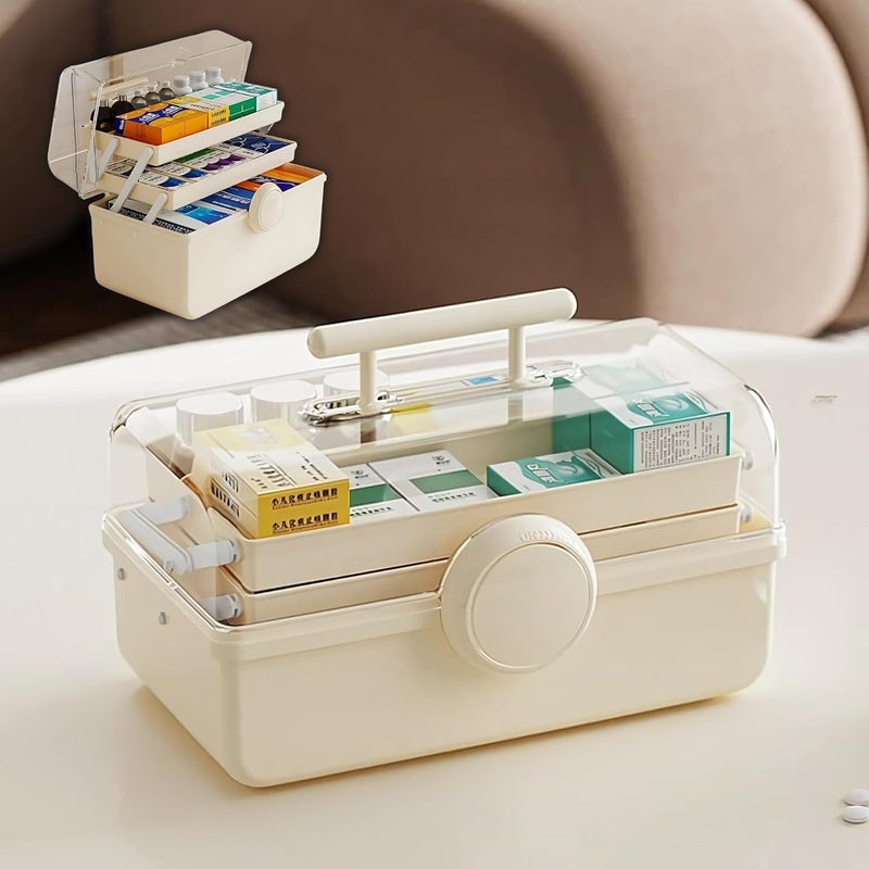 HOOPVOOL Clear Plastic Medicine Storage Box Organizer, Family Emergency Kit Portable Lockable Container for, Art Craft and Cosmetic Household Organizer (Cream, First Aid Box) - Image 1