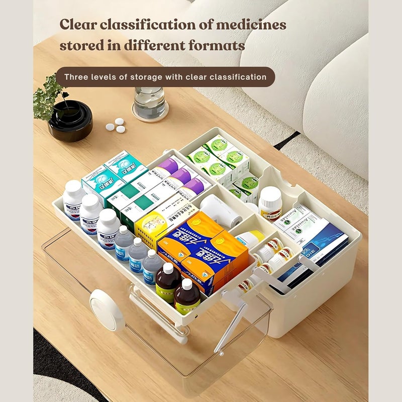 HOOPVOOL Clear Plastic Medicine Storage Box Organizer, Family Emergency Kit Portable Lockable Container for, Art Craft and Cosmetic Household Organizer (Cream, First Aid Box) - Image 4