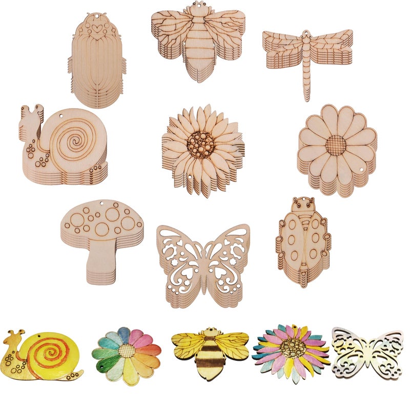 Jsehchya 54PCS Unfinished Blank Wooden Cutouts Craft for Kids,Suit for Children's Painting DIY Room Decoration Gift Giving Surprise (54 Insect) - Image 1