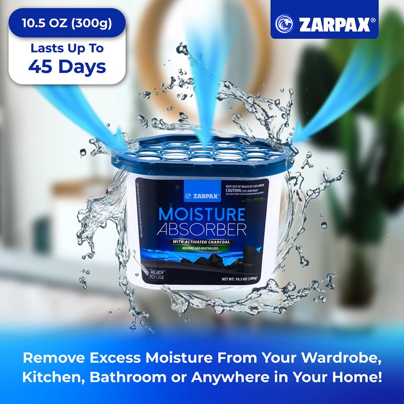 ZARPAX Moisture Absorber Activated Charcoal 10.5 oz/300g | Removes Moisture, Damp, Humidity & Odors | Odor Absorber | Moisture Trap for Bathroom, Closet, Kitchen & Small Spaces | Set of 4 - Image 2