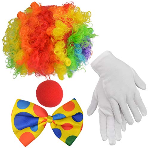 jiebor Clown Costume Set Clown Rainbow Wig Nose Bow Tie White Gloves Accessories for Parties Carnivals Pretend Play Women Men Adults