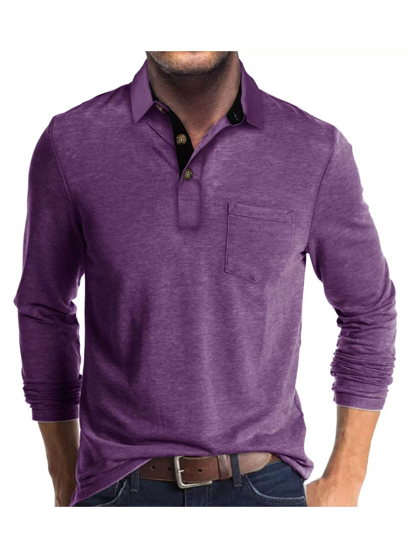 general Men's Casual Polo Shirts Classic Button Basic Long Sleeve Shirt Solid Color Cotton Tees Stylish Tops - Image 1