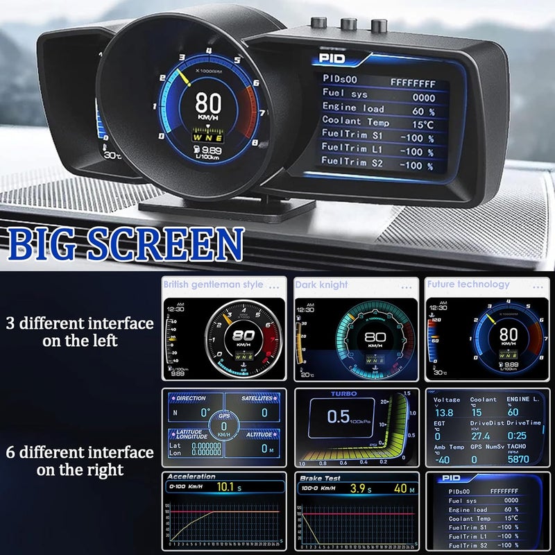 عرض رأسي للسيارة من Geloo (Car HUD) مزود بنظام OBD2 + GPS، عداد سرعة رقمي مع 3 شاشات LCD، وحدة تحكم متعددة الوظائف A600، عداد سرعة ذكي مناسب لجميع أنواع السيارات والشاحنات. - Image 3