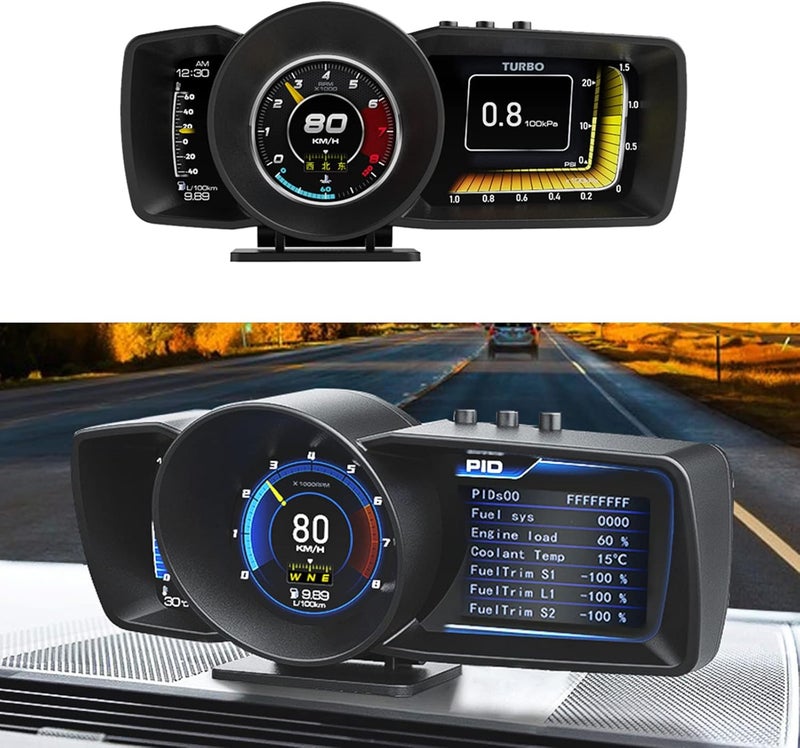 عرض رأسي للسيارة من Geloo (Car HUD) مزود بنظام OBD2 + GPS، عداد سرعة رقمي مع 3 شاشات LCD، وحدة تحكم متعددة الوظائف A600، عداد سرعة ذكي مناسب لجميع أنواع السيارات والشاحنات. - Image 1