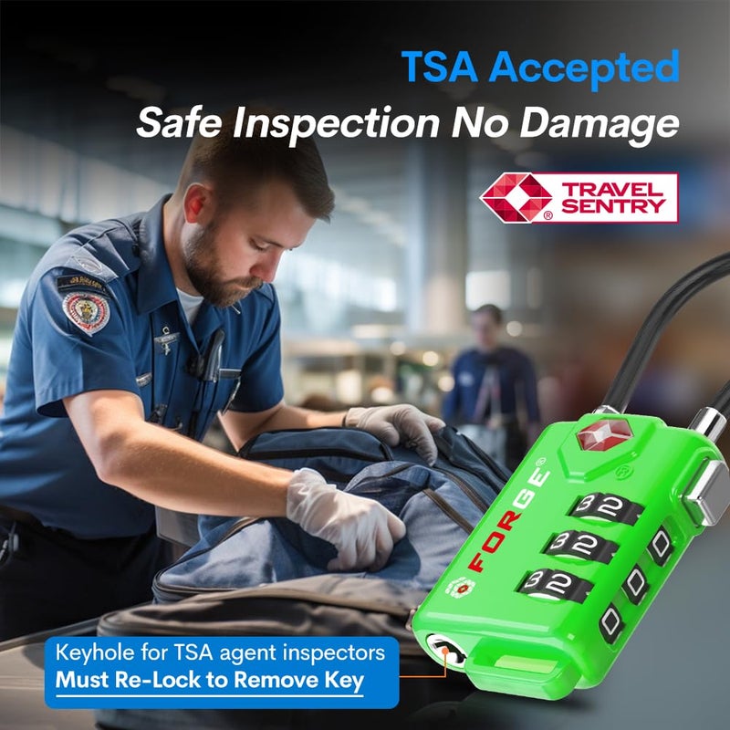 فورج أقفال أمتعة قابلة لإعادة الضبط معتمدة من إدارة أمن النقل (TSA) مع هيكل من سبائك معدنية (قفلان باللون الأخضر) - Image 2
