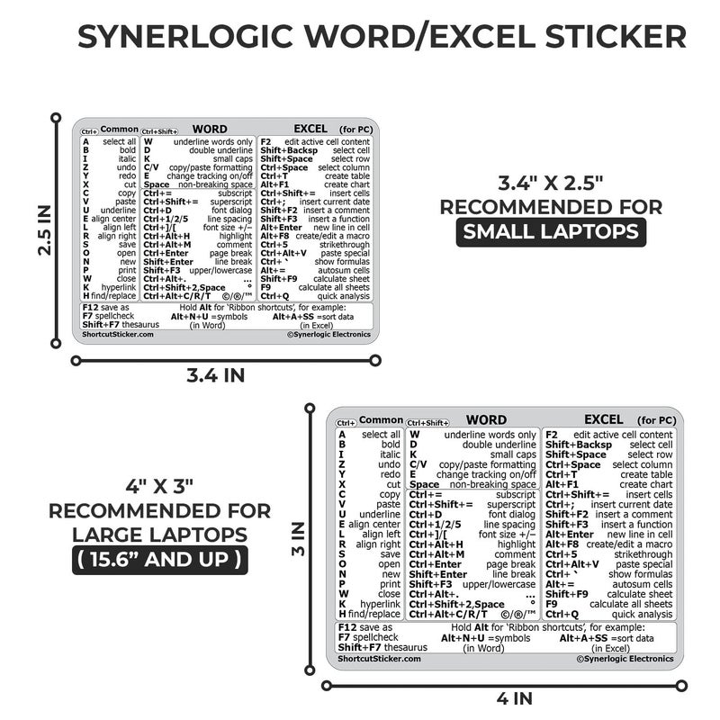 SYNERLOGIC Microsoft Word/Excel (for Windows) Reference Guide Keyboard Shortcut Sticker, Laminated, No-Residue Vinyl (White/Small) - Image 5