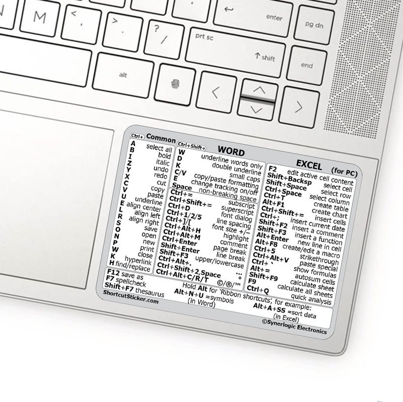 SYNERLOGIC Microsoft Word/Excel (for Windows) Reference Guide Keyboard Shortcut Sticker, Laminated, No-Residue Vinyl (White/Small) - Image 1