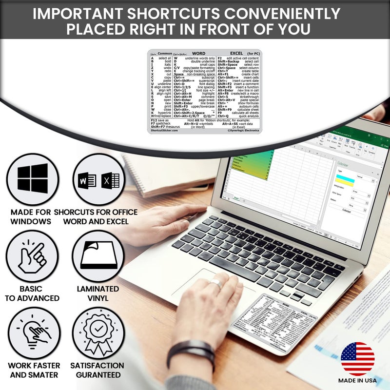 SYNERLOGIC Microsoft Word/Excel (for Windows) Reference Guide Keyboard Shortcut Sticker, Laminated, No-Residue Vinyl (White/Small) - Image 2