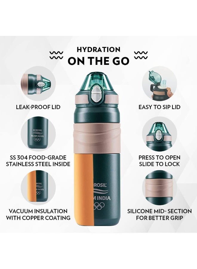 Borosil Vacuum Insulated Copper Coated Inner Adventure Sipper Water Bottle, Sports Bottle, Yoga Bottle, Outdoor, Portableleak Proof, Reusable Water Bottle Green, 560 Ml, B0560Ti01 Assorted Color - Image 2