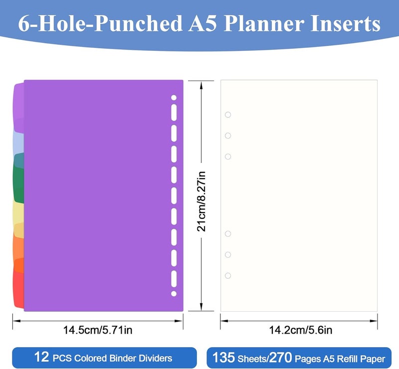 Antner A5 Blank Refill Paper 6-Hole Planner Inserts for A5 6-Ring Binders, 135 Sheets Planner Refills Loose Leaf Filler Paper with Binder Dividers for Refillable Notebook, Journal, Sketchbook, Dairy - Image 2