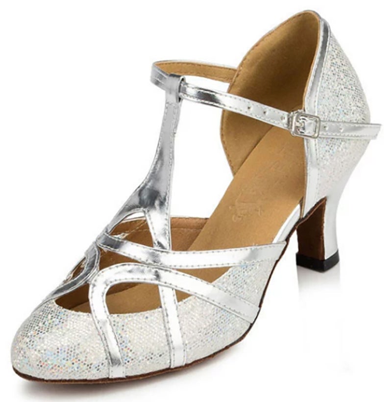 Generic Latin dance shoes womens dancing sandals mid-high heel soft bottom social dance shoes summer rumba cha square dance shoes For other colors and heights, please contact Customer Service
