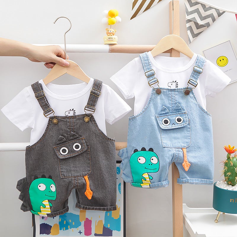 2021 Summer New Foreign Trade Boys and Girls Korean Style Short-sleeved Suit Children's Cartoon T-shirt Denim Strap Two-piece Set - Image 2