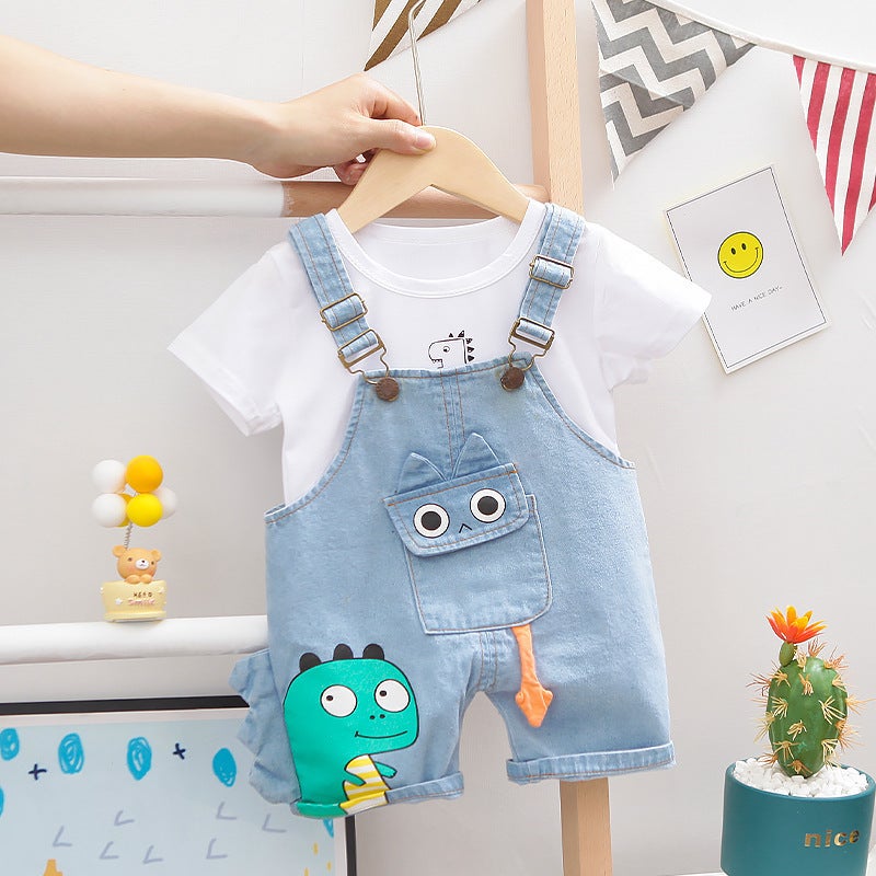 2021 Summer New Foreign Trade Boys and Girls Korean Style Short-sleeved Suit Children's Cartoon T-shirt Denim Strap Two-piece Set - Image 4