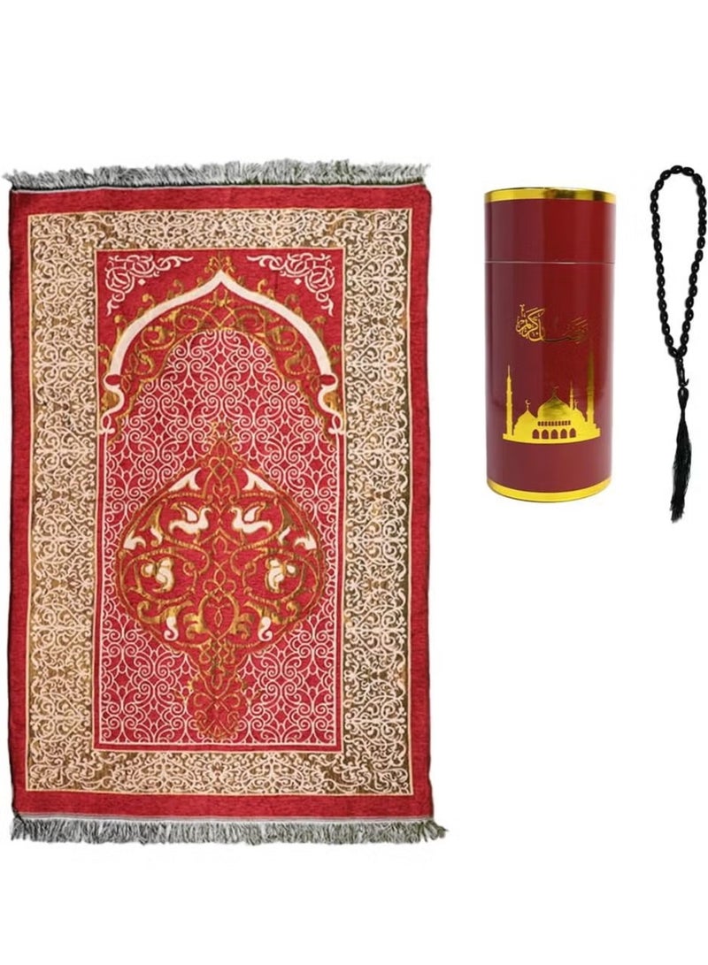 JiuAn Muslim Prayer Rug & Beads Set with Stylish Cylinder Gift Box Janamaz Sajadah Ultra-Soft Taffeta Prayer Mat Perfect Islamic Spiritual Gift for Ramadan Islamic Mosque Dome Pattern Red - Image 1