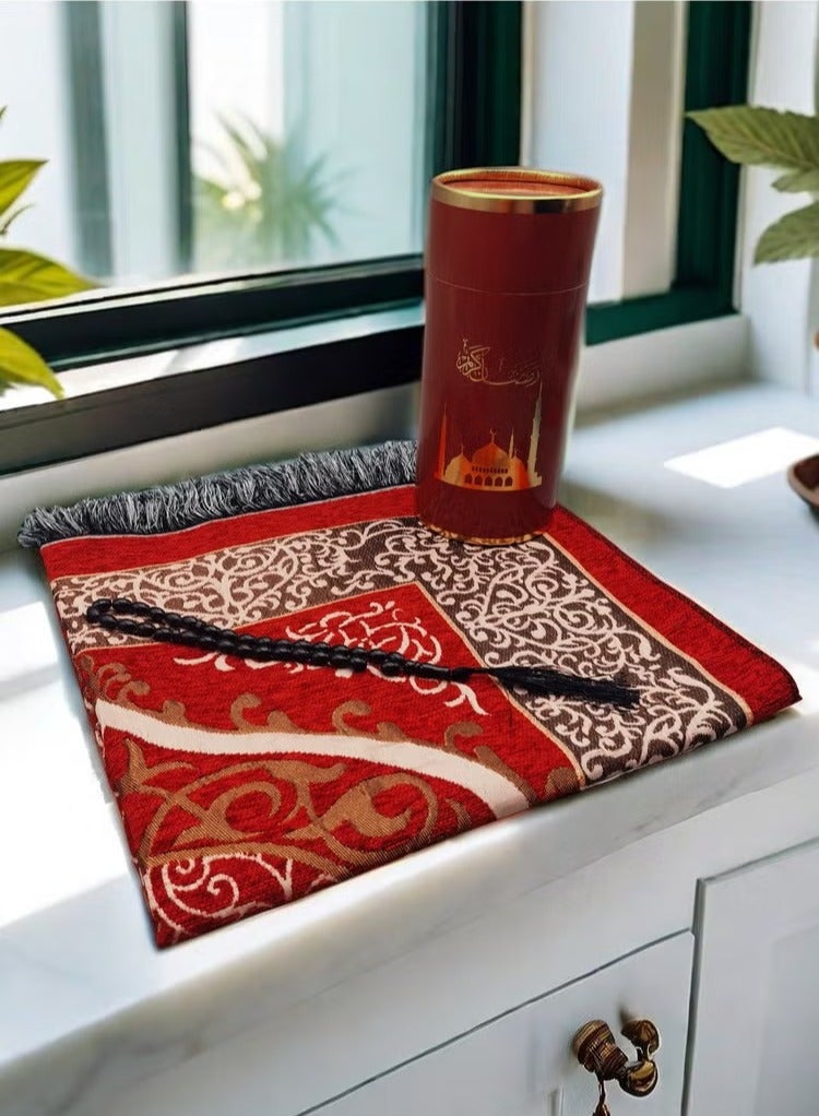 JiuAn Muslim Prayer Rug & Beads Set with Stylish Cylinder Gift Box Janamaz Sajadah Ultra-Soft Taffeta Prayer Mat Perfect Islamic Spiritual Gift for Ramadan Islamic Mosque Dome Pattern Red - Image 4