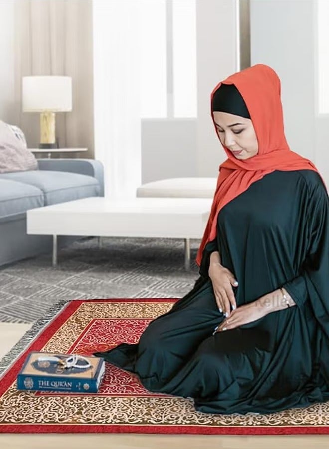 JiuAn Muslim Prayer Rug & Beads Set with Stylish Cylinder Gift Box Janamaz Sajadah Ultra-Soft Taffeta Prayer Mat Perfect Islamic Spiritual Gift for Ramadan Islamic Mosque Dome Pattern Red - Image 5