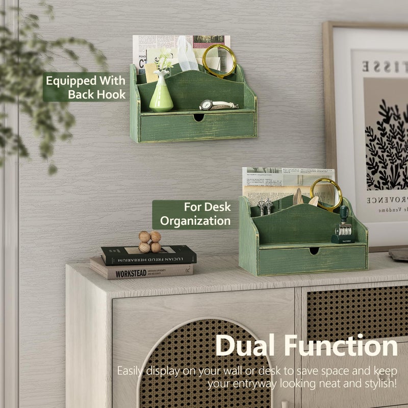 Rebee Vision Pine Wood Mail Organizer for Desk - Rustic Style Mail Sorter Countertop Organizer for Files, Letters & Small Items - Farmhouse Letter Holder with Drawer for Office Desk & Home Decor (Green) - Image 4