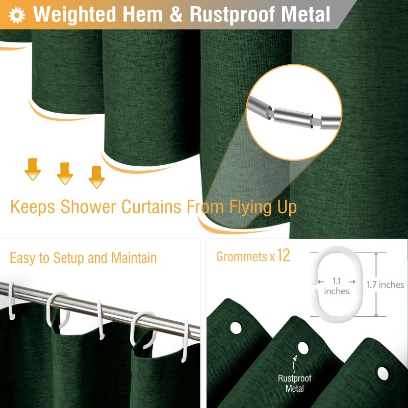 BTTN Extra Long Fabric Shower Curtain  84 Inch Linen Textured Heavy Duty Cloth Shower Curtain Set with 12 Plastic Hook  Large Hotel Luxury Polyester Shower Curtain for Bathroom 72x84  Emerald Green - Image 4